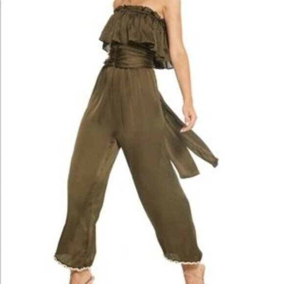 Misa Women's Size XS‎ Olive Green Satin Strapless Jumpsuit - Picture 4 of 14